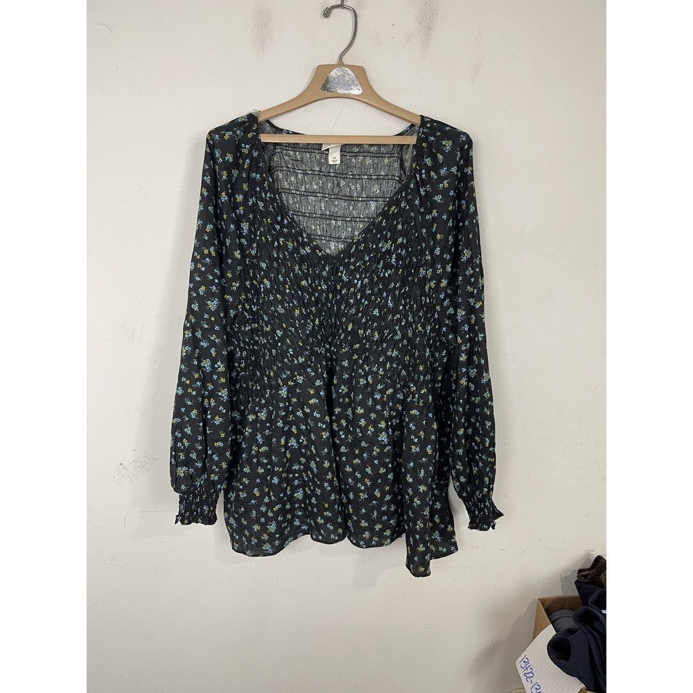 Ava & Viv Womens 3X Black Floral Smocked V-Neck Long Sleeve Blouse Top Cotton